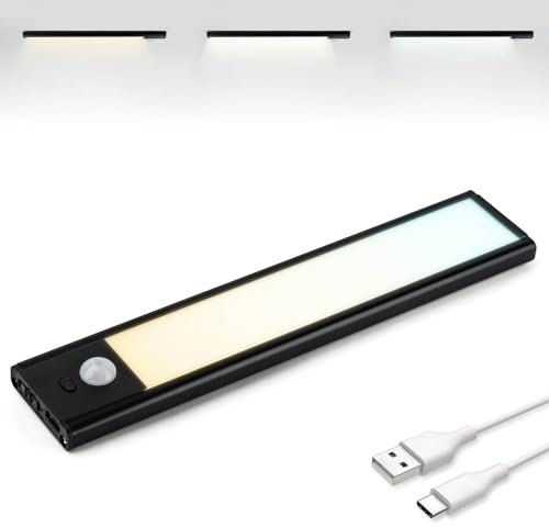Brendz LED Armario Sensor Movimiento, Adhesiva Magnética, Recargable USB-C, 3 Temperaturas de Color, Nocturna para Guardarropa, Pasillos, Habitaciones, Garaje, Escaleras, 20cm, Negro