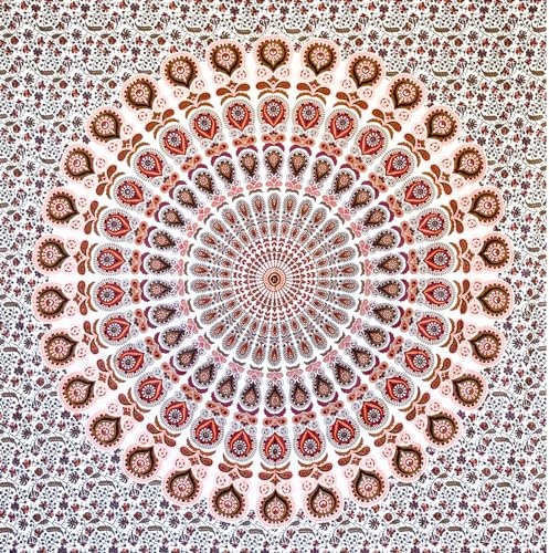MOMOMUS Wandteppich Mandala - Indische Wandkunst - Wandteppich Aesthetic, Wandtuch Boho oder Wandbehang aus Stoff - Weiß und Orange, 135x210 cm