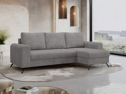 MKS MEBLE Cord Ecksofa - L-Form Cord Sofa mit Schlaffunktion - Wohnlandschaft L Form, Ecksofa mit Schlaffunktion und Bettkasten, Schlafsofa mit Bettkasten, Couch mit Schlaffunktion - Hellgrau Hugo