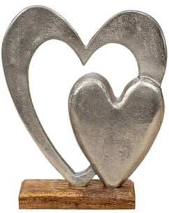 LB H&F Objekt Doppelherz Herz Deko Holz Metall Silber zum hinstellen Liebe Partnerschaft Natur (Doppelherz)