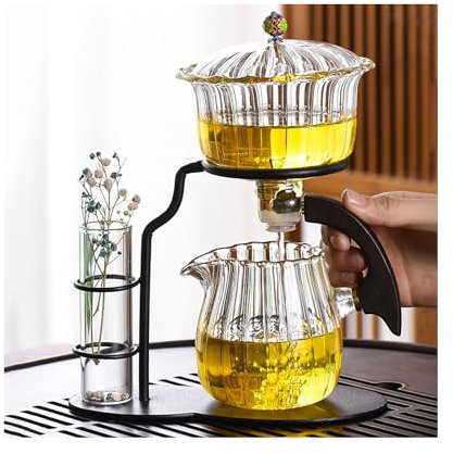 YUDIZWS Lazy Kung Fu Glas Teeservice Halbautomatisches Teeset I Glas Teekanne mit Ei für magnetischen Wasserfluss Holz Glas Teekanne Set Ausgezeichnetes Geschenk,A