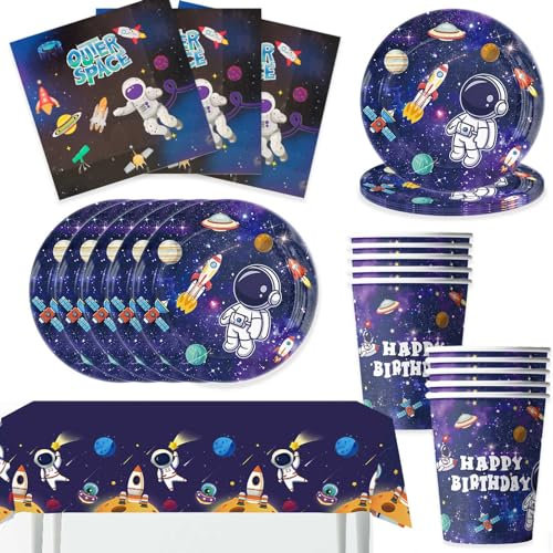 Juego de platos para fiestas de cumpleaños infantiles, cohete, astronautas, platos, vasos, servilletas, decoración espacial, platos de papel, vajilla de cumpleaños infantil, 10 invitados
