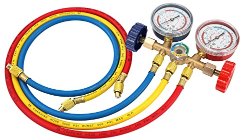Juego de manómetros de refrigerante Mulcort herramientas de aire acondicionado con manguera y gancho para lectura de presión R12, R22, R404A y R134A