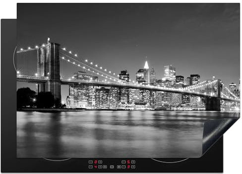 KitchenYeah© Copri Piano Cottura 75x52 cm Coprifornelli Tappetino per Induzione Fornello Tutto per la Cucina Ponte di Brooklyn - Skyline - Bianco e nero - New York