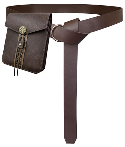 EpicCos 2 PCs Mittelalterliche Vintage Gürtel Tasche Set, Mittelalter Kunstledergürtel mit Gürteltasche, Renaissance Kostüm Zubehör (Braun A)