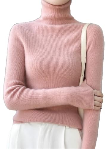 Niiyyjj Maglione da donna 100% lana merino a collo alto a maniche lunghe, camicia basica con fondo tinta unita, maglione slim, rosa, L