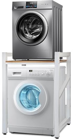 JXZ Supporto Lavatrice Asciugatrice, 3 Regolabili in Altezza, Kit mobile Asciugatrice e Lavatrice Insieme, Capacità Portante 300kg per Bagno, Lavanderia(Bianco, Tavola di legno)