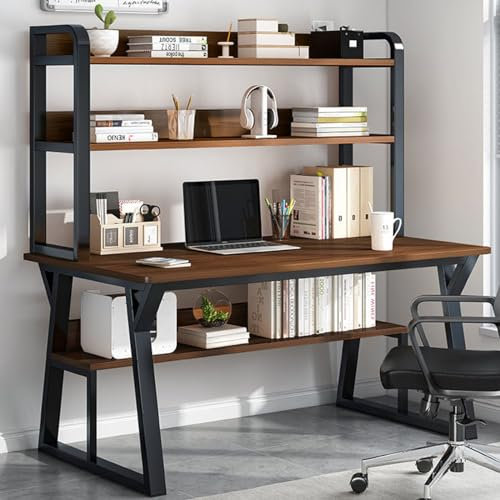 Computertisch mit Aufsatz und Bücherregal, moderner Schreibtisch, Arbeitstisch, platzsparender Home-Office-Arbeitsplatz (120 cm, braun)