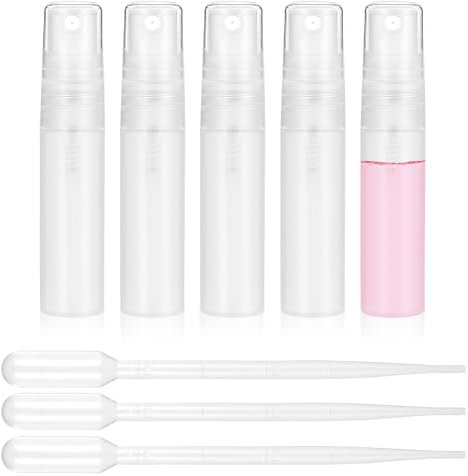 Bewudy 5 mini botellas pulverizadoras, mini botellas de plástico de 5 ml vacías con 3 pipetas de transferencia, mini botella de perfume recargable de niebla fina, atomizador de perfume, botella de