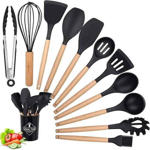 12-teiliges Silikon Küchenutensilien Set Schwarz, Antihaft Küchengerät Set, Hitzebeständiges Silikon Kochgeschirr mit Utensilienhalter