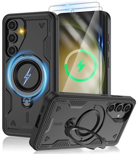 Jshru Samsung Galaxy S23 Hülle Kompatibel mit Magsafe Handyhülle, 2Stk HD-Schutzfolie Magnetische Schutzhülle,360° Drehbare Ringhalter Stoßfeste Case für Samsung Galaxy S23,Schwarz