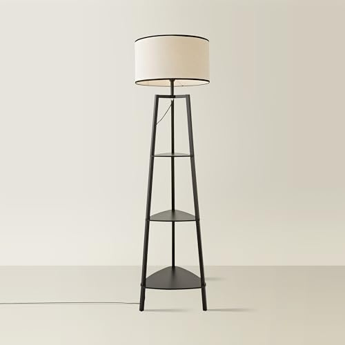 ValueLights | Matt Black Wooden 3 Tier Shelf Floor Lamp with Black Trim Drum Shade Living Room Lounge Light | Floor Lamps, Home Décor & Improvement Essential