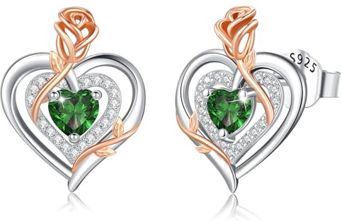 LAVUMO Ohrringe Silber 925 Echt, Hypoallergene Rosen Herz Ohrringe Damen,Geburtsstein Schmuck Ideal Geschenke für Frauen Frau Mutter Valentinstag Geburtstag Muttertag Jubiläums (Silber-05-Mai)