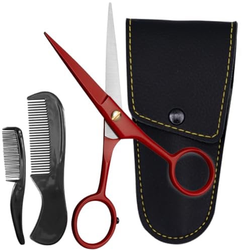 Ontaki 5“ Professionelle deutsche Bart- und Schnurrbartschere mit 2 Kämmen und Tragetasche für Männer (True Red)