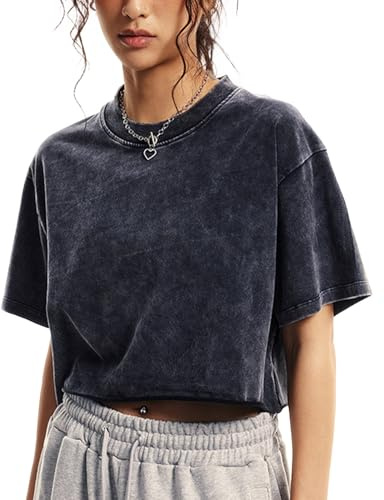 Talakeno Womens Oversized Vintage T Shirts Casual Cropped Tees Short Sleeve Cotton Acid Wash Tops Summer Grunge Shirts(Black,M)