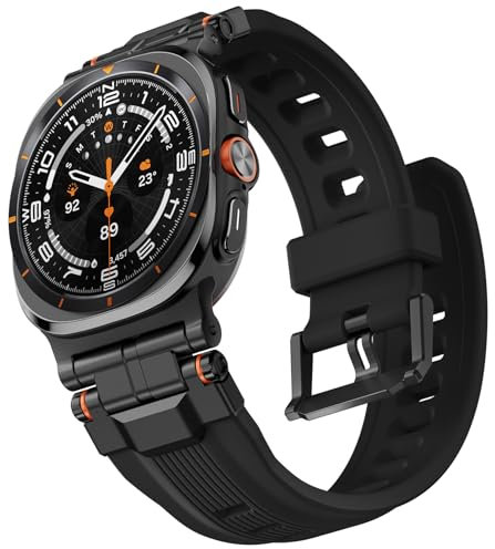 Bandletic Flüssigkeit Silikon Armbänder kompatibel mit Samsung Galaxy Watch Ultra 47mm für Männer Rugged Military Soft Sport Armband mit Edelstahl-Metall-Anschluss für Galaxy Watch Ultra schwarz