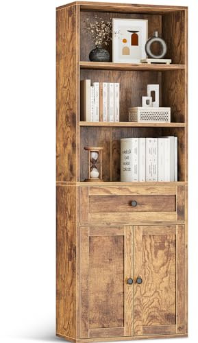 Coleshome Estantería 5 Estantes con Puertas y Cajón, Librería Estantería Libros Estantería Madera para Almacenamiento y Exhibición para Hogar, Oficina, Sala, Dormitorio, Marrón, 48x24x164.2