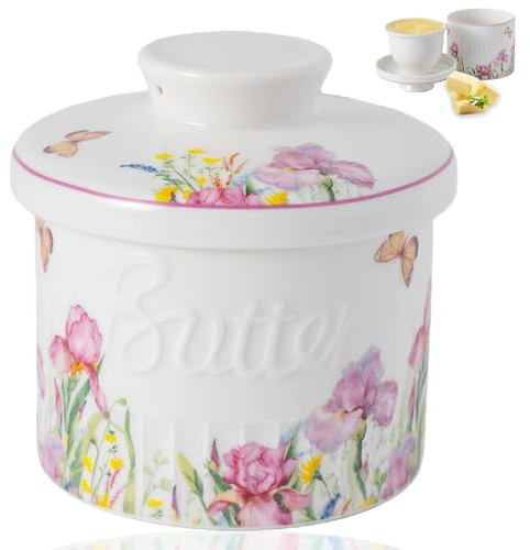 Butterglocke Keramik,Französische Butterdose Mit Wasserkühlung,Französische Butterdose 150g,Butterdosen Mit Deckelf,Buttertopf Für Frische Und Streichfähige Butter (Blume, 6.7oz)