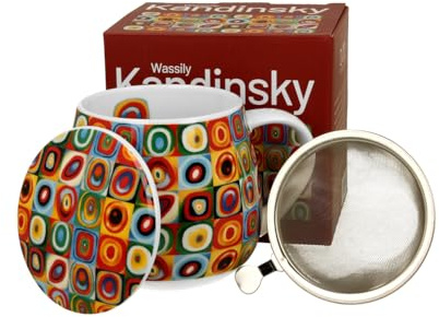 DUO ART GALLERY Fassbecher 430 ml mit Teesieb und Deckel SQUARES WITH CIRCLES inspired by W. Kandinsky, New Bone China Porzellan