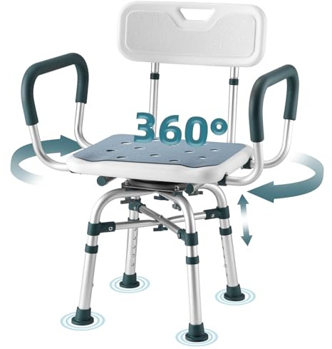 Swivel Shower Chair with Arms and Back, 400lbs Heavy Duty Shower Seat for Inside Shower Stall and Bathtub, Height Adjustable Safety Bath Seat for Elderly, Adults, Handicap and Disabled