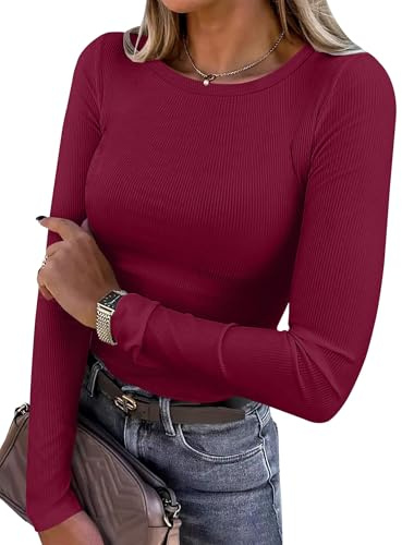 Chicrise Women Tops Long Sleeve Crew Neck T-Shirts Basic s Slim Fit Ribbed Solid Color Stylish Clothes WineRed Large 16-18