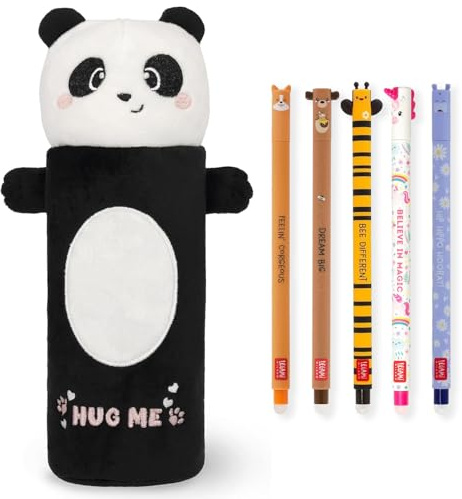 LEGAMI Super Soft Pencil Case & Erasable Gel Pens | Set of 5 Cute Animal Pens with Thermosensitive Ink + Plush Pencil Case | Back to School Supplies for Girls, Boys, Kids & Teens (Panda)