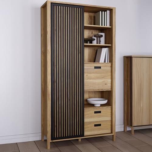 Forte JYTANA Schrank 100 105, skandinavischer Schrank mit 3 Schubladen, 2 Türen und 3 Regalfächern, Mauvella Eiche Holzdekor/Schwarz, 103,4 cm breit x 200,3 cm hoch x 40,2 cm tief