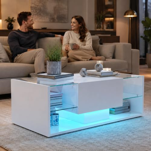 CXHLXYR Mesa de Centro Rectangular Brillante con Tira Luminosa LED suspendida, Modernas con Almacenamiento, Blanca (100x50x35 cm) (Blanco-C) (Blanco-C)