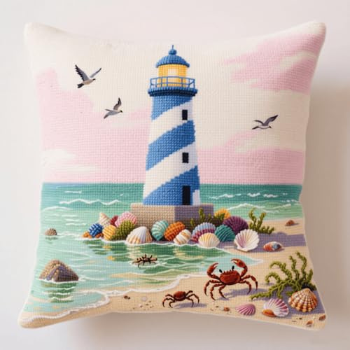 Henypt Kissenbezug Knüpfset, Leuchtturm am Meer Knüpfkissen Set,DIY Knüpfteppich Knüpfpackung,Kreuzstich Knüpfkissen Zum Selber knüpfen Kissen Set,17x17in