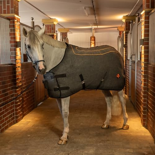 SUNRIDE Heizdecke für Pferde - Therapiedecke - 3 Wärmestufen - effektive Kontaktwärme - Premium Wolle - isolierter Rückenbereich - mit Eremit Akku und Ladekabel - unterstützt PSSM und MIM (155cm)