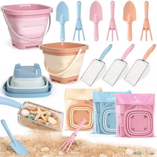 Dreamon Beach Sand Toys 3 Set Collapsible Bucket and Spade Beach Set Kids with Sand Sifters Beach Shovel Rakes Seashell Bag Outdoor Toys for Children Toddlers 3 4 5 Years Old