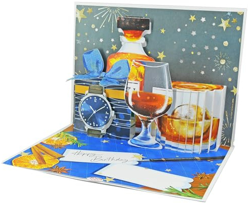 Favour Pop Up Geburtstagskarte 3D mit Sound & Licht – Whiskeykarte für Freund, Ehemann & Vater – Happy Birthday Gesang & Feuerwerk – Geldgeschenk geeignet – 15x20cm TK074