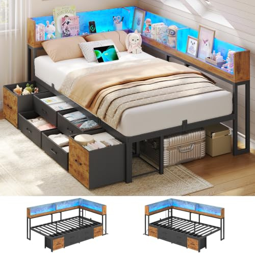AOGLLATI Single Bed with 6 Storage Drawers,90x190 CM,Vintage Brown