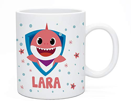Regalo Original Taza de plástico Infantil Personalizada con Nombre y Baby Shark para la Vuelta al Cole 33 Cl (Salmón)