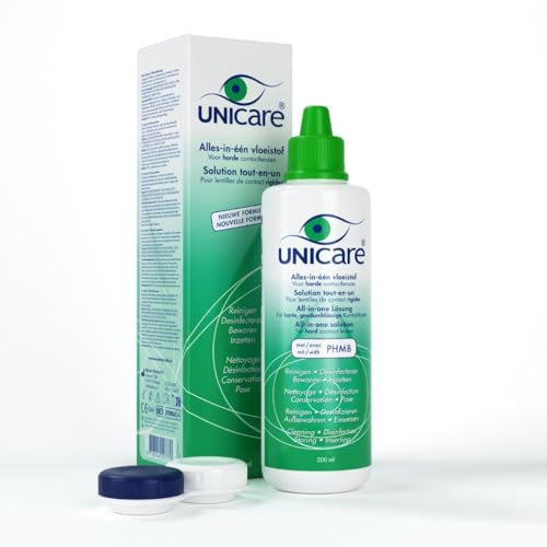 Unicare All-in-One-Lösung für harte Linsen | 6 x 200 ML | Natürliche antimikrobielle Wirkung | Kostenloser Monatslinsenbehälter | 90 Tage Frische | Kompatibel mit allen harten, RGP-Linsen | Hygiene