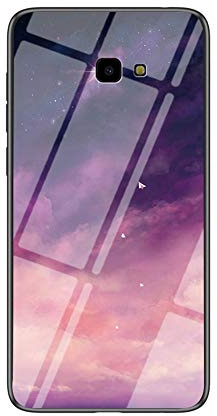 MadBee Coque pour Samsung Galaxy J4 Plus [avec Film de Protection écran],Coque avec Revêtement Arrière en Verre Trempé avec Motif Ciel étoilé+ TPU Silicone Souple Case Cover (Ciel étoilé Violet)