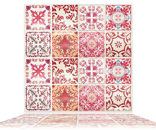 WALPLUS 32 Sheets 15cm(6) Moroccan Rose Red Mosaic Glossy 3D Wall Tile Stickers Splashbacks Vinyl Stick on Tiles Splashback Peel and Stick Bathroom Kitchen Decor Tile Paint