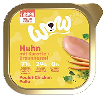 WOW Hundefutter nass Junior mit Huhn, 11x150g | reichhaltiges Nassfutter für Welpen Aller Rassen I Beste Qualität mit viel frischem Fleisch, Karotte & Brennnessel I hohe Akzeptanz & getreidefrei