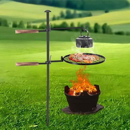 Campfire Swivel Grills,Outdoor Campfire Adjustable Swivel Grill with 13.4 inch Circular Grilling Height Adjustable,Folding Heavy Duty Barbecue Swivel Grill for Outdoor Camping Backyard BBQ Use