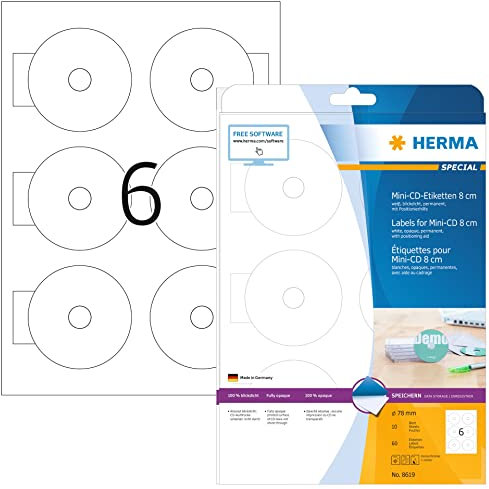 HERMA 8619 Mini CD Etiketten inkl. Zentrierhilfe blickdicht, 320 Blatt, Ø 78 mm, 6 pro A4 Bogen, 1920 Stück, selbstklebend, bedruckbar, matt, blanko Papier Klebeetiketten Aufkleber, weiß