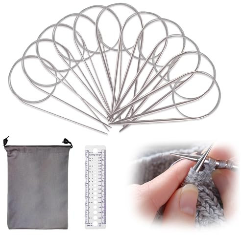 Lechengjia Rundstricknadeln aus Edelstahl, 11 Größen, Edelstahl, Stricknadel-Set, mit Strickstärke und wasserdichter Tasche, für Schal, Decke, Anfänger