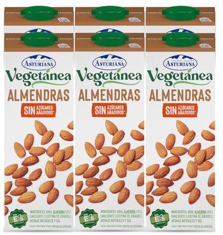 Central Lechera Asturiana - Vegetánea Bebida de Almendras Sin Azúcar Añadido, Pack de 6 Briks de 1 Litro con Tapón de Rosca, 6 x 1L, 6000 Mililitros