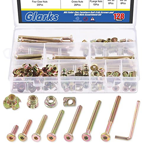 Glarks Lot de 128 vis M6 à tête hexagonale pour lit de bébé, écrous à tête cylindrique M6, écrous filetés M6, écrous en T M6 et clé hexagonale pour bois, supports d'escalade, armoires, meubles