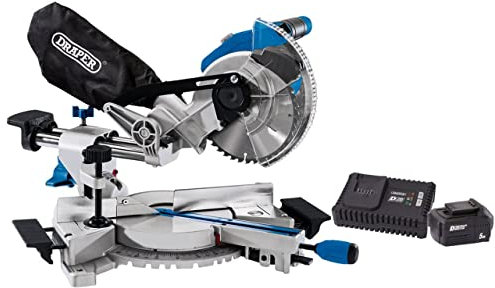 Draper 99970 D20 20V Brushless Sliding Compound Mitre Saw, 185mm, 1 x 5.0Ah Battery, 1 x Twin Charger