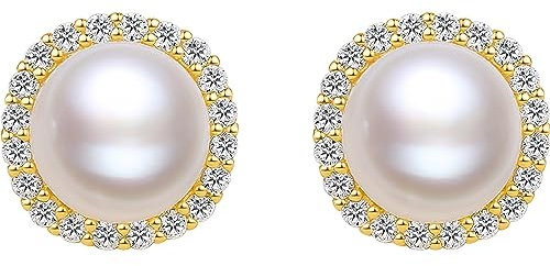18CT Gold S925 Zircon Crystal Freshwater Pearl Stud Earrings - Natural White 4.5-10mm Drop Jewellery for Women, Bridal, Wife, Mom - Wedding and Birthday Gift