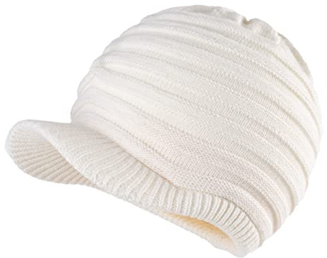 LANGZHEN Unisex Wintermützen mit Visier Warme Skimütze Stilvolle Strickmütze für Männer und Frauen (Off-White -Striped)