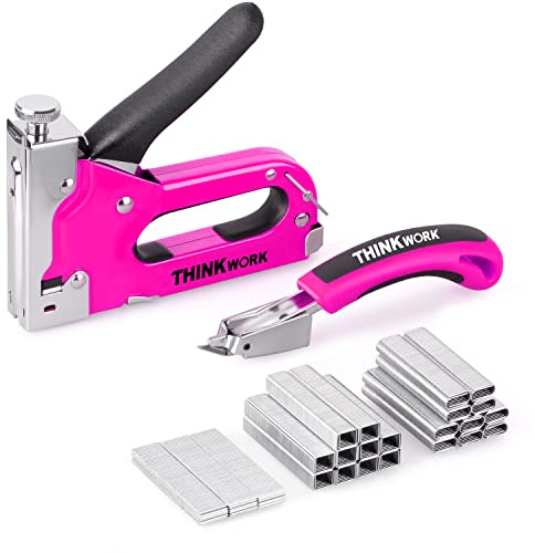 THINKWORK Heavy Duty Staple Gun, 3 in 1 Pink Staple Gun for Upholstery with 900 Staples, Nail Gun for Wood, Cable, Fabric, Wall, Material Repair, DIY Manual Stapler