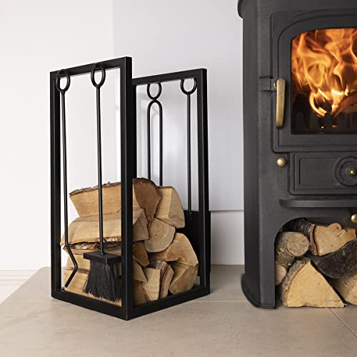 CHARLES BENTLEY Log Holder, Snug, Hornbeam, Wood Holder, Fireside, Companion Set, Iron, Tool Stand, Tongs, Brush, Poker, Shovel, Black, Matte, Traditional, Tool Set, Two In One, 10kg Logs (60x37x30cm)