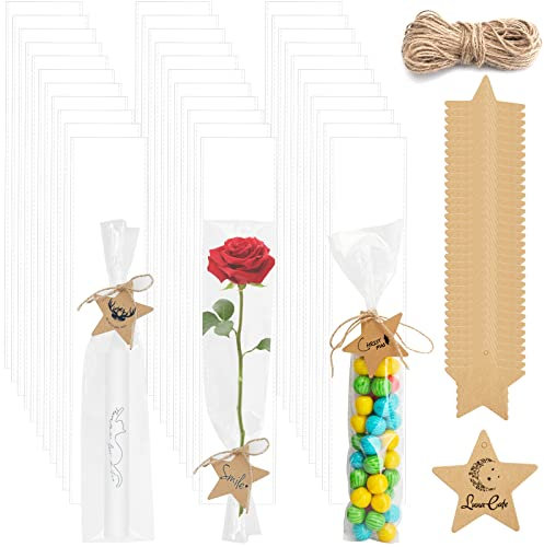 200Pcs Klar Cellophantüten, 31 * 7CM Schmal Zellophantüten, Transparente Kleine Tütchen,Lange Zellophanbeutel für Schokolade Kerzen,Bonbons mit 100 Pcs Kraftpapieranhänfer,20m Hanfseil
