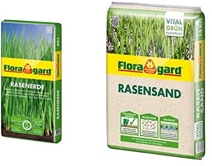 Floragard Rasenerde 40 L • hochwertige Spezialerde • zur Neuanlage & Rasen-Sand 15 kg für 10 m² • Rasenpflege • zum Lüften schwerer Böden • streuwagenfähig • zum Topdressing nach dem Vertikutieren